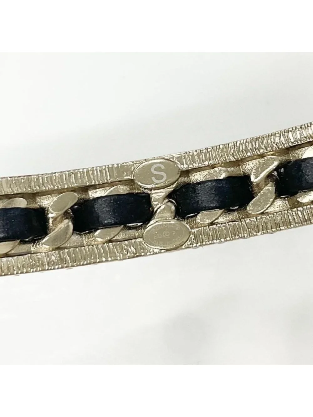 Chanel CC Logo Bangle Rhinestone Leather Bracelet Gold